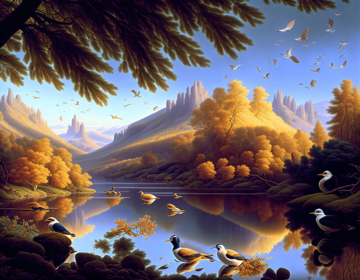 Colorful Trees Reflecting on Calm Water with Birds and Mountain Backdrop