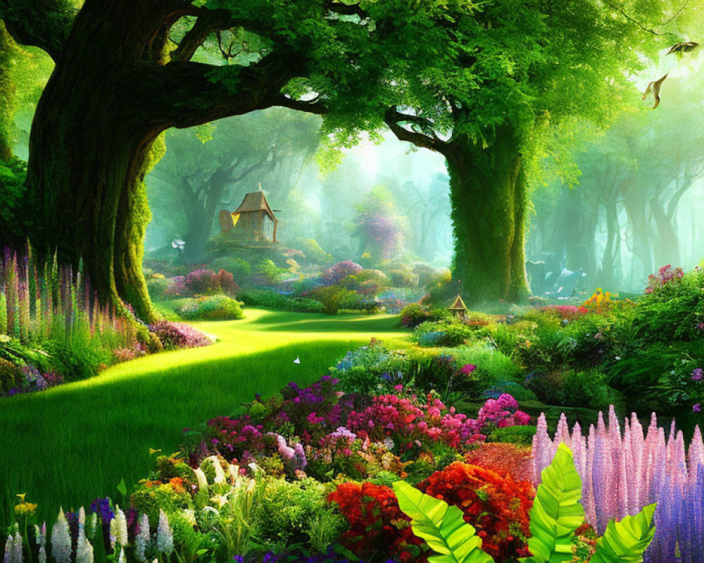 Lush Green Forest with Colorful Flowers and Misty Pathway