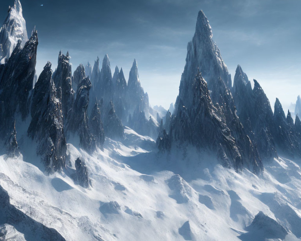 Snowy Mountainous Landscape with Jagged Peaks and Blue Sky