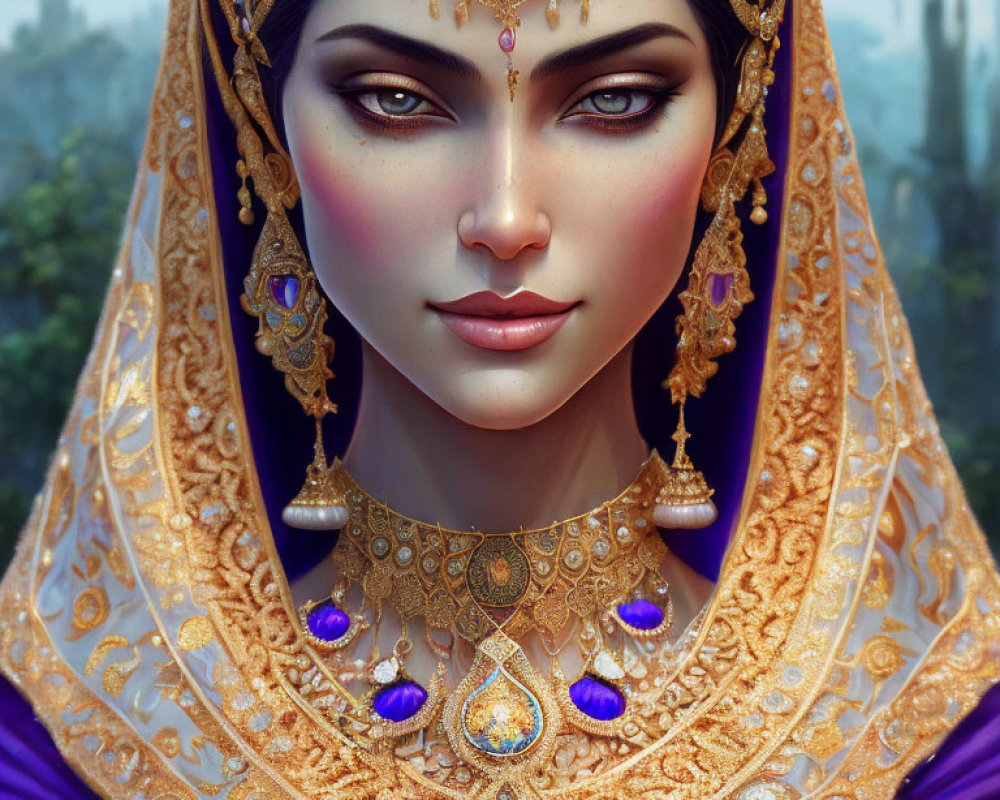 Digital artwork: Woman in purple & gold traditional attire with intricate jewelry, exuding serenity & maj