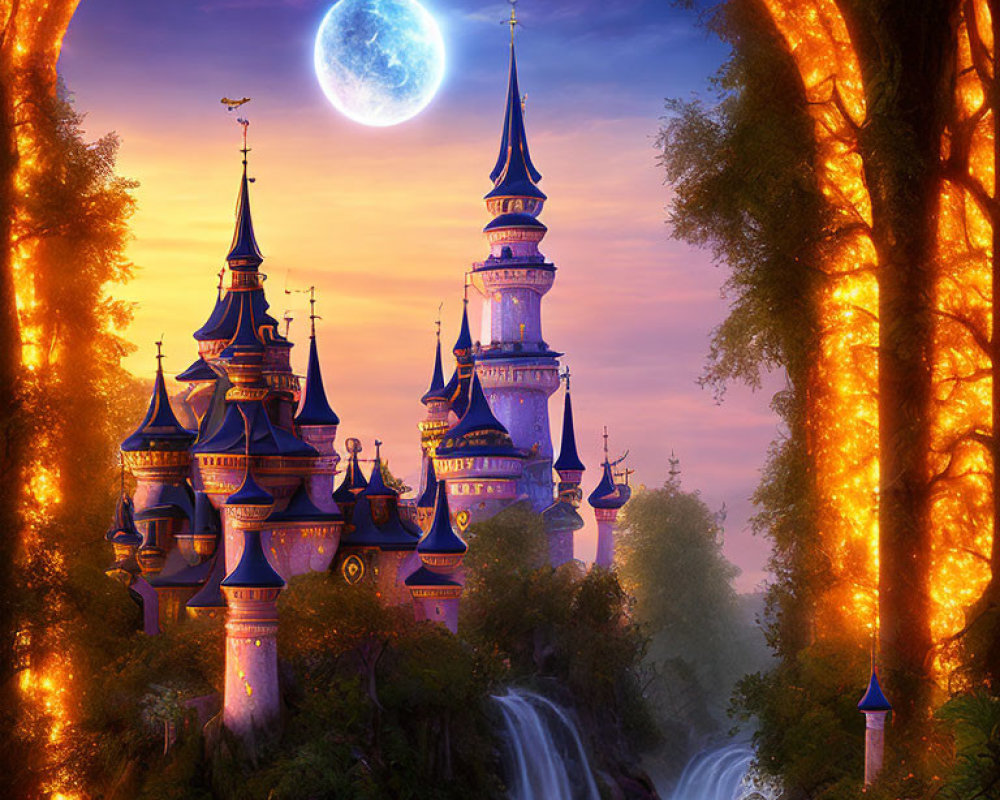 Enchanting fairy tale castle with spires and turrets under a full moon