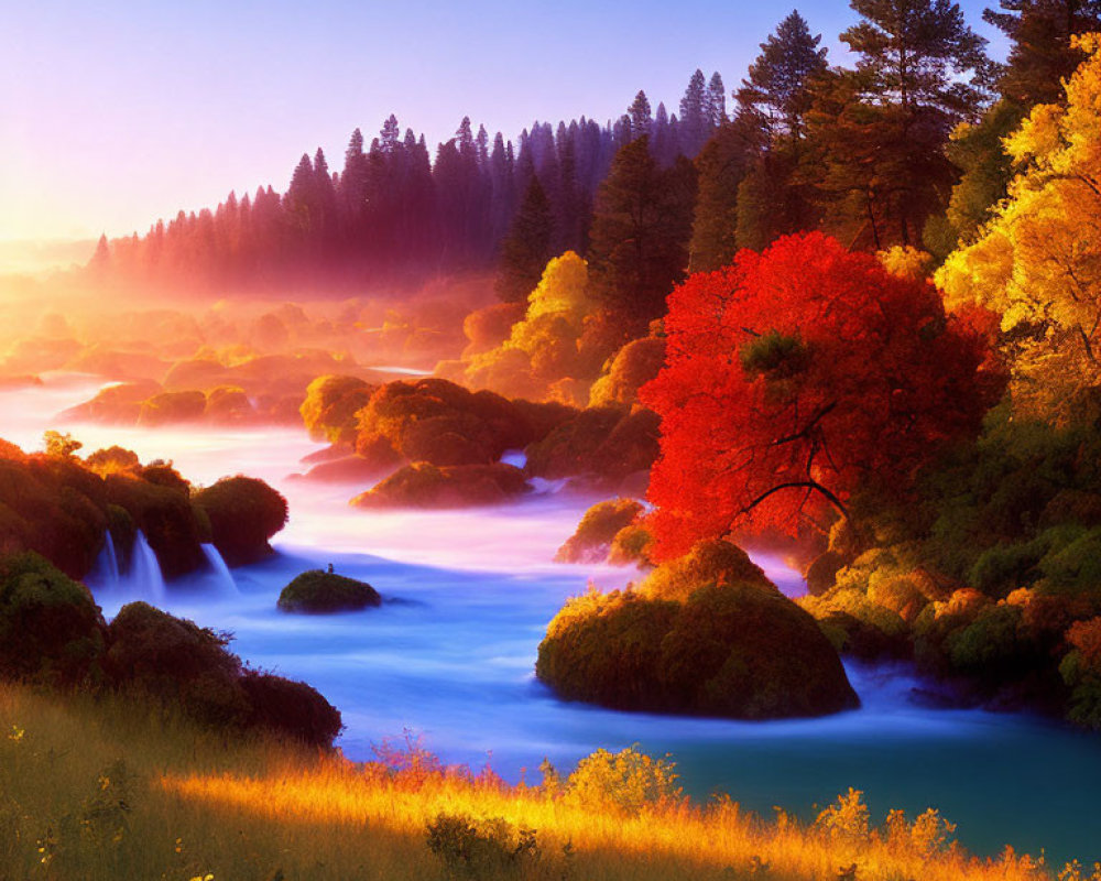 Scenic sunrise over misty river with autumn foliage and waterfalls