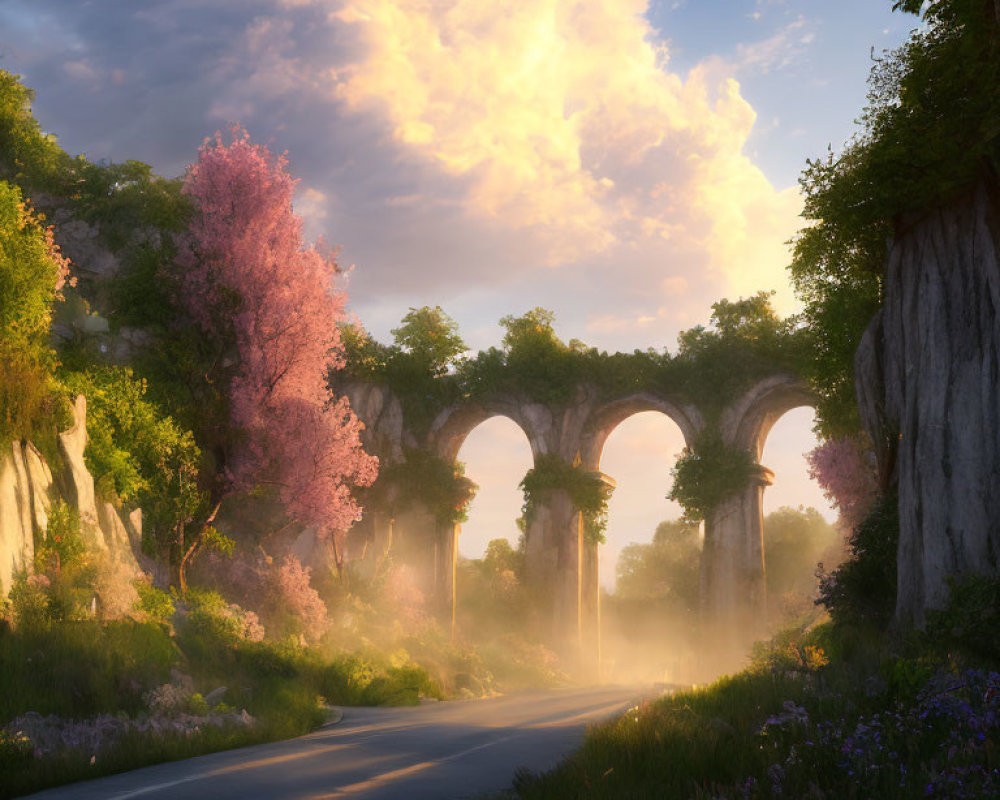 Tranquil landscape: empty road, ancient aqueduct, lush trees, cherry blossoms