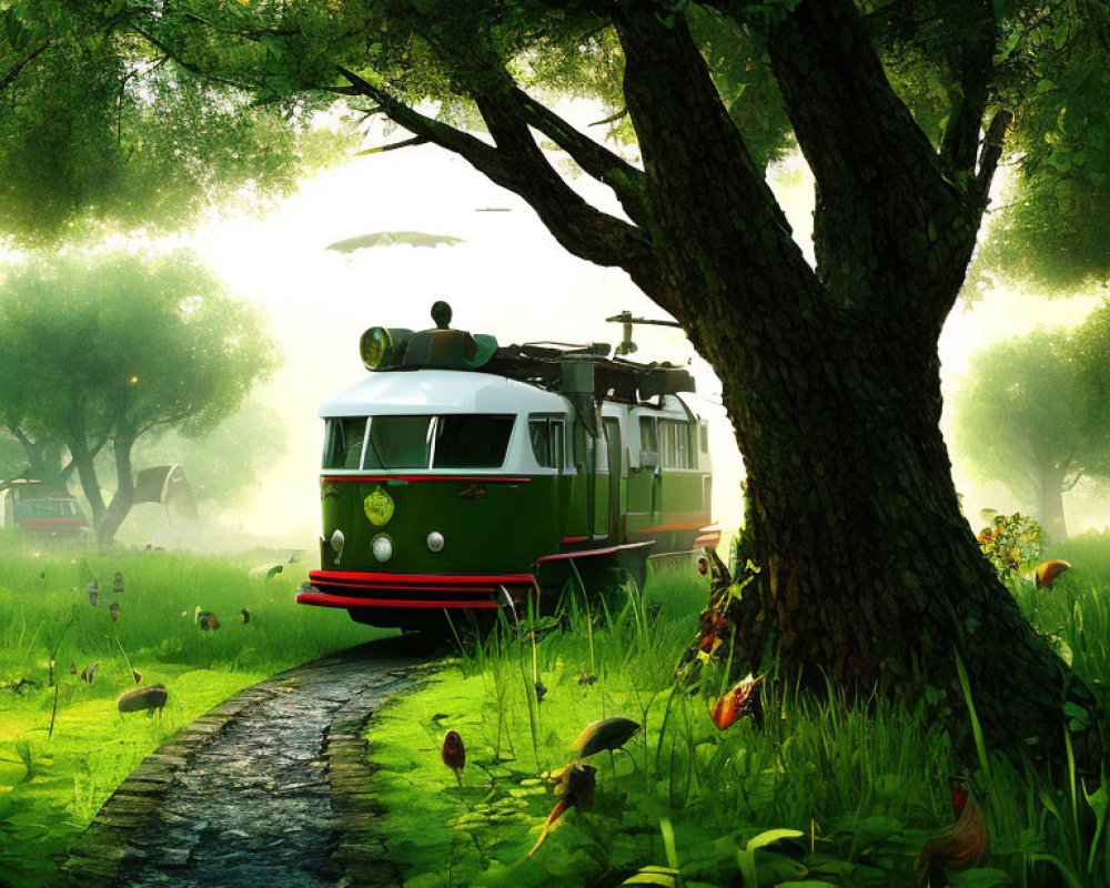 Vintage red tram on cobblestone path in lush forest with sunlight and mushrooms