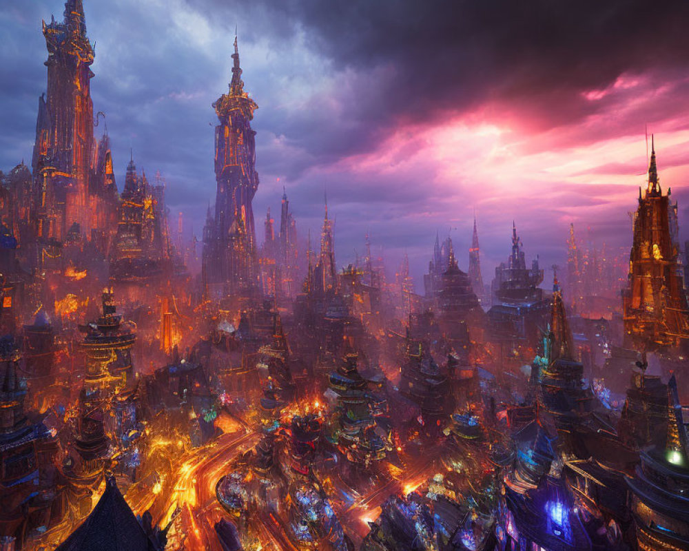 Majestic cityscape at dusk with glowing lights, spires, ornate buildings, and bustling