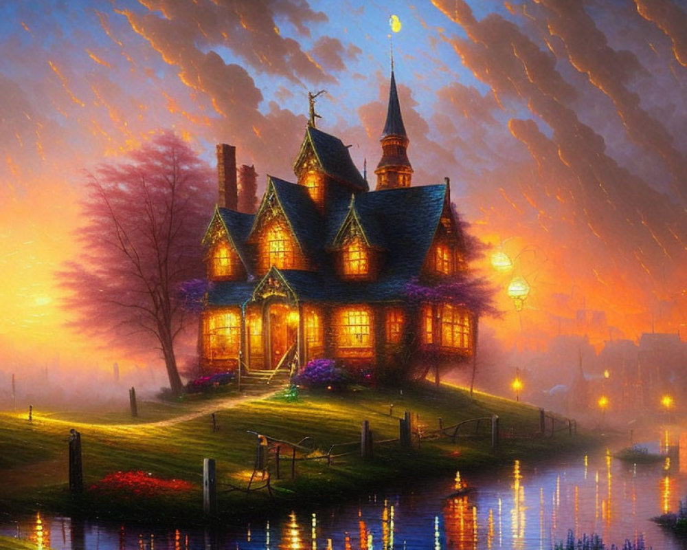 Victorian-style house by river at dusk with lit windows under colorful sunset sky.