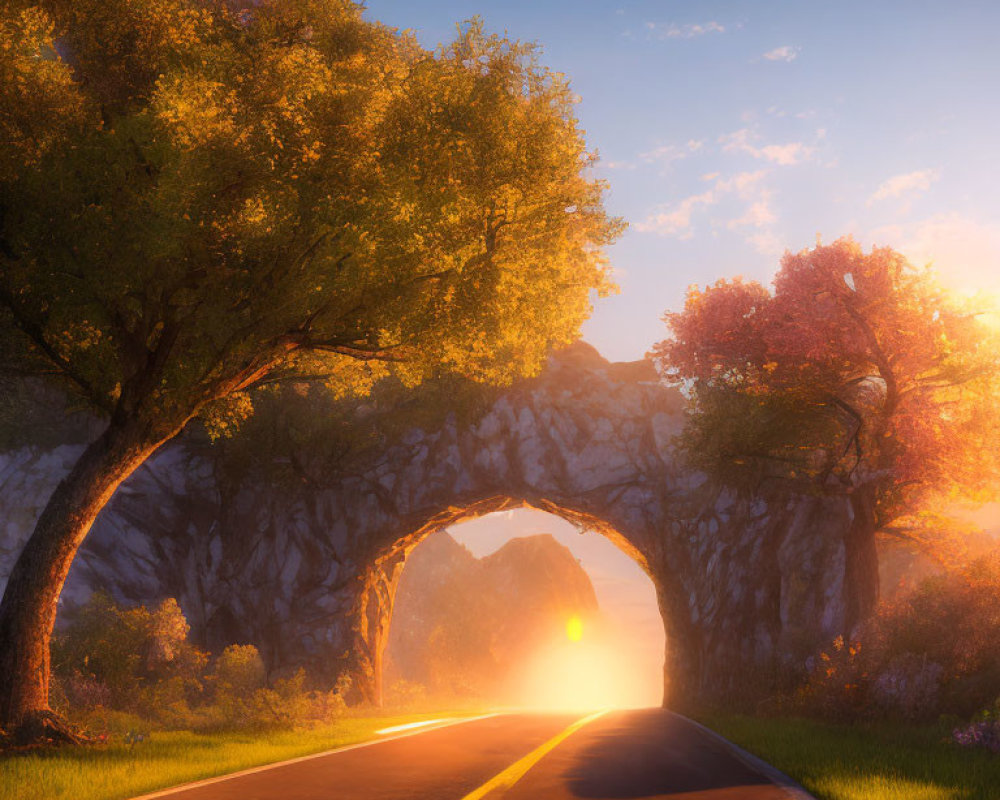 Scenic road under natural tree arch in warm sunlight