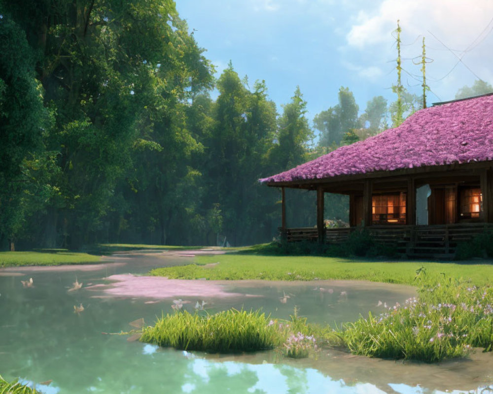 Tranquil landscape: traditional cottage, pink roof, pond, lush greenery