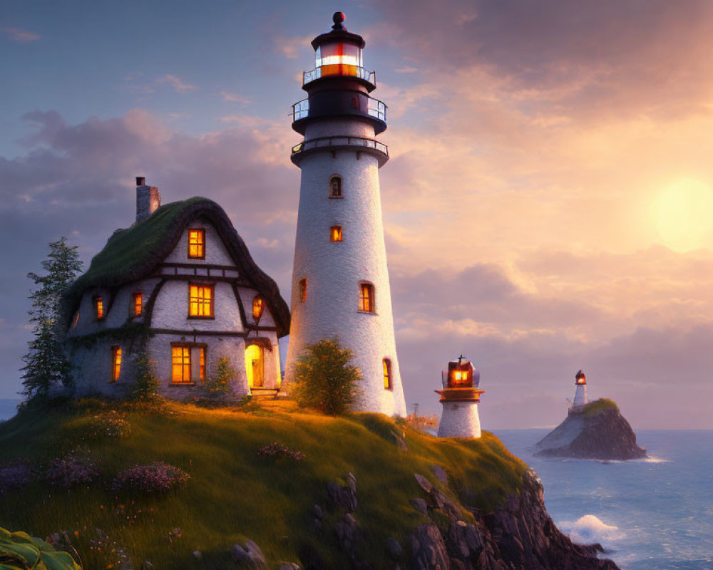 Tranquil coastal lighthouse and cottage at sunset