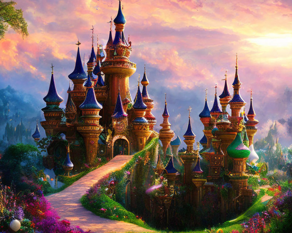 Colorful fairytale castle with multiple spires in lush garden at sunset