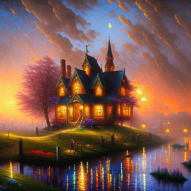 Victorian-style house by river at dusk with lit windows under colorful sunset sky.