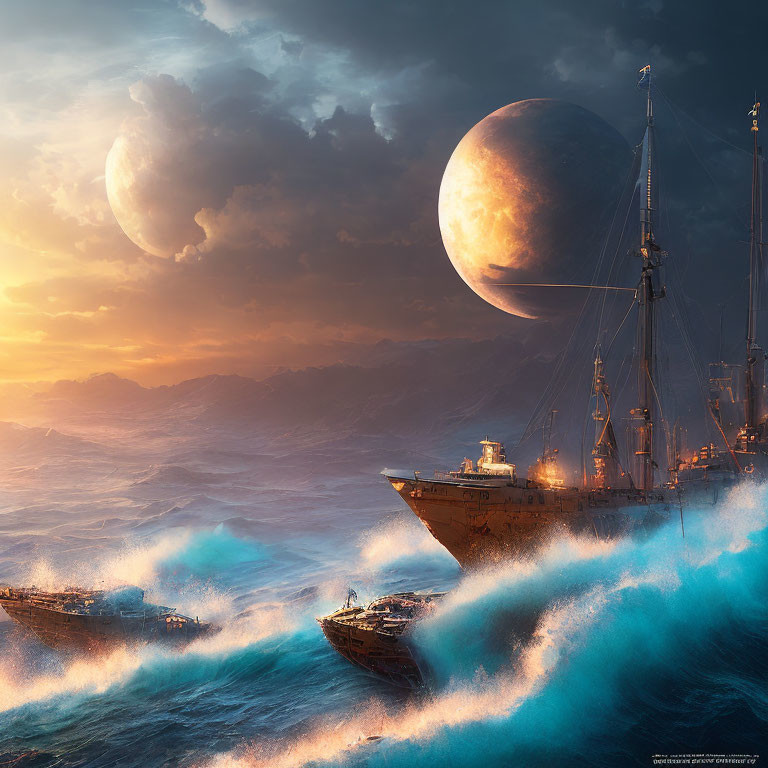 Ships on stormy seas with surreal planet and moons in dramatic sky