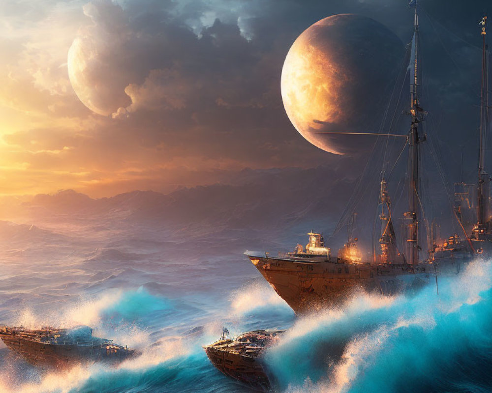 Ships on stormy seas with surreal planet and moons in dramatic sky