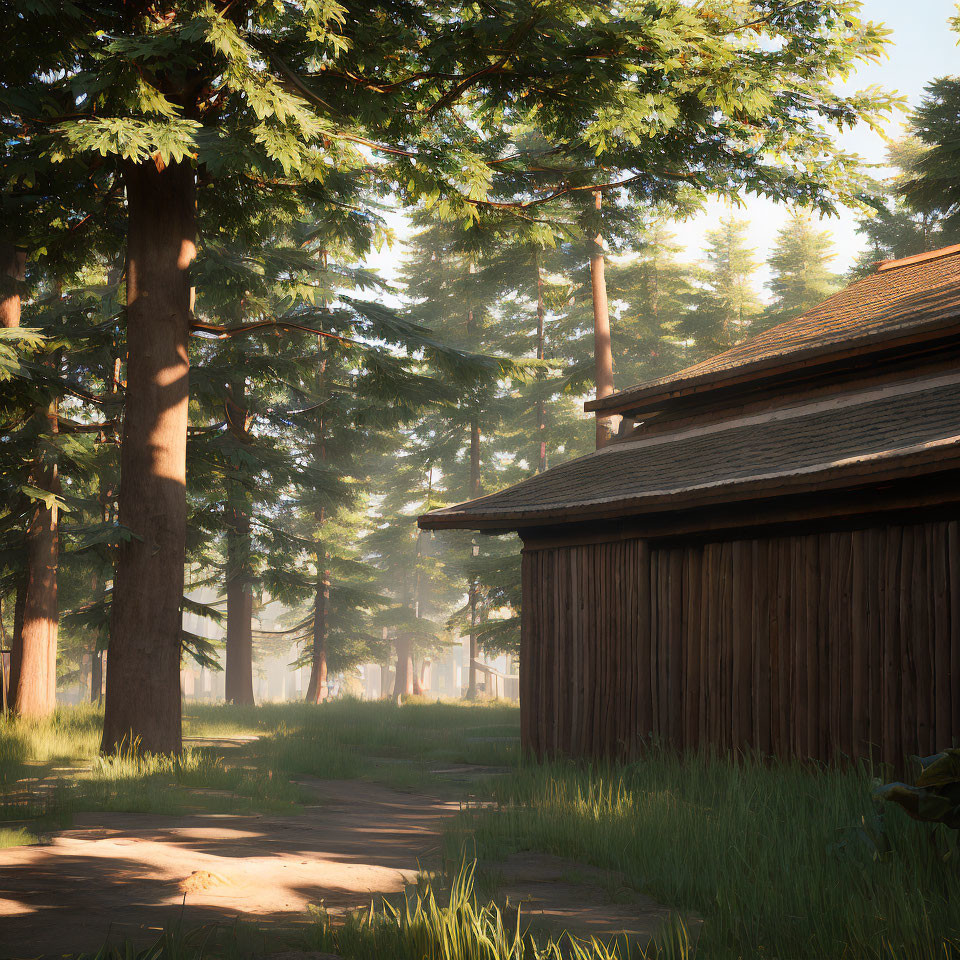 Forest cabin surrounded by sunlight and misty trees