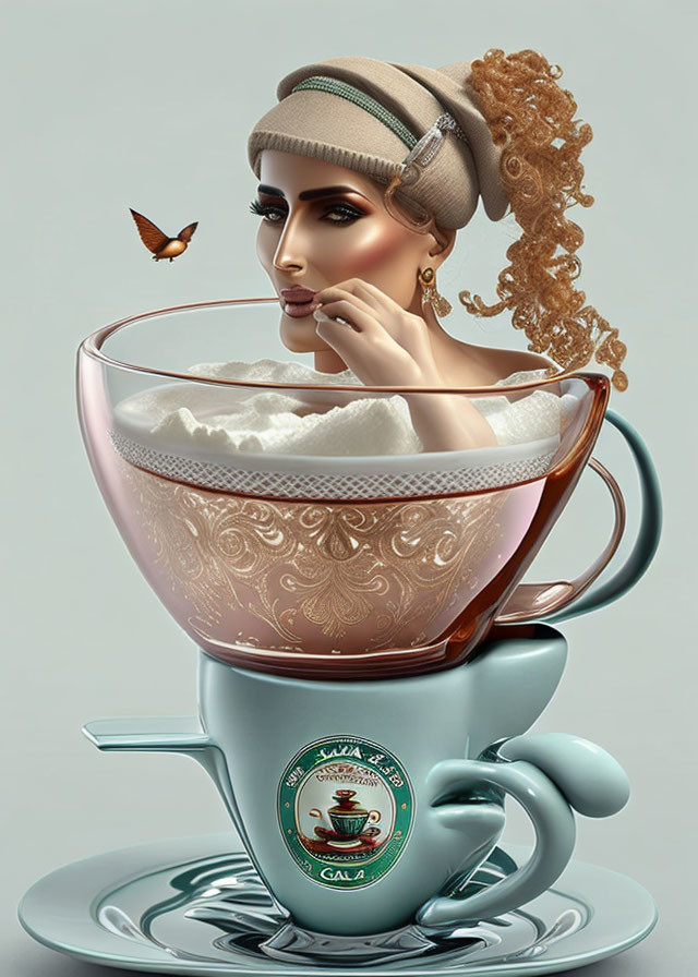 Surrealist image: Woman's head in teacup with steam, butterfly, whimsical design