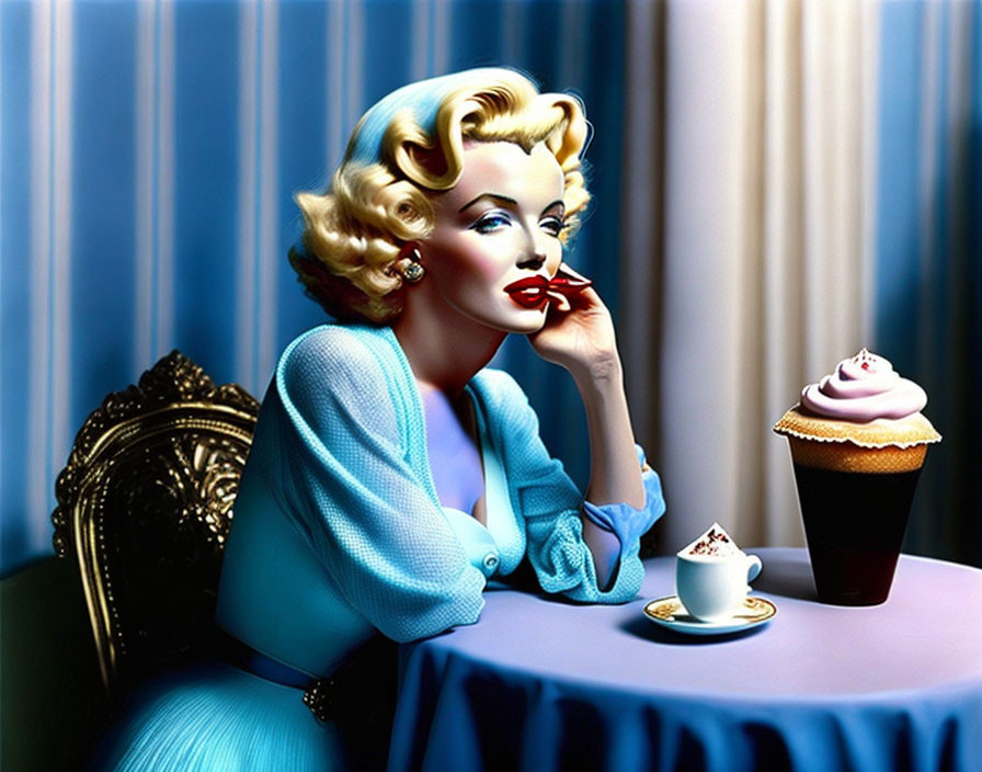 Blonde woman in blue outfit at vintage table with cupcake and coffee applying lipstick