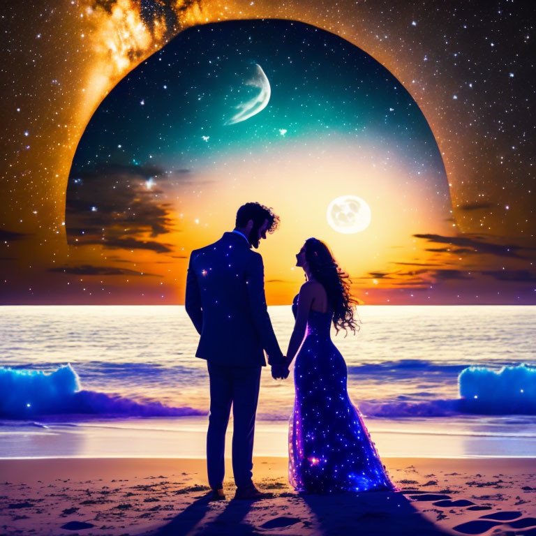 Couple holding hands on beach at twilight with oversized moon and galaxy in sky