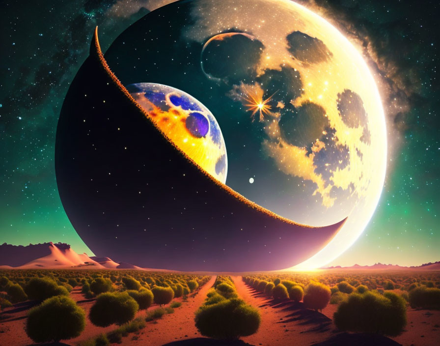 Surreal desert landscape with peeled-back celestial body in starlit sky