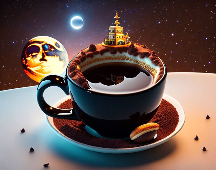 Surreal image of coffee cup with church, cosmic background