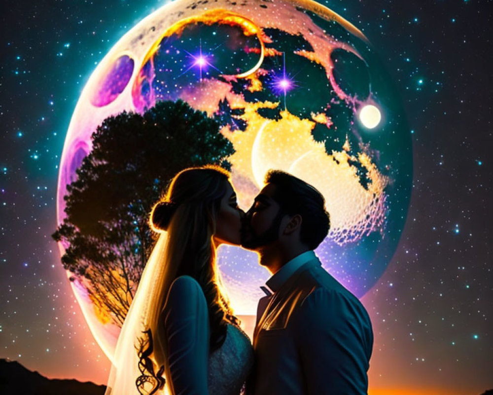 Romantic couple kissing under surreal moon in scenic night landscape