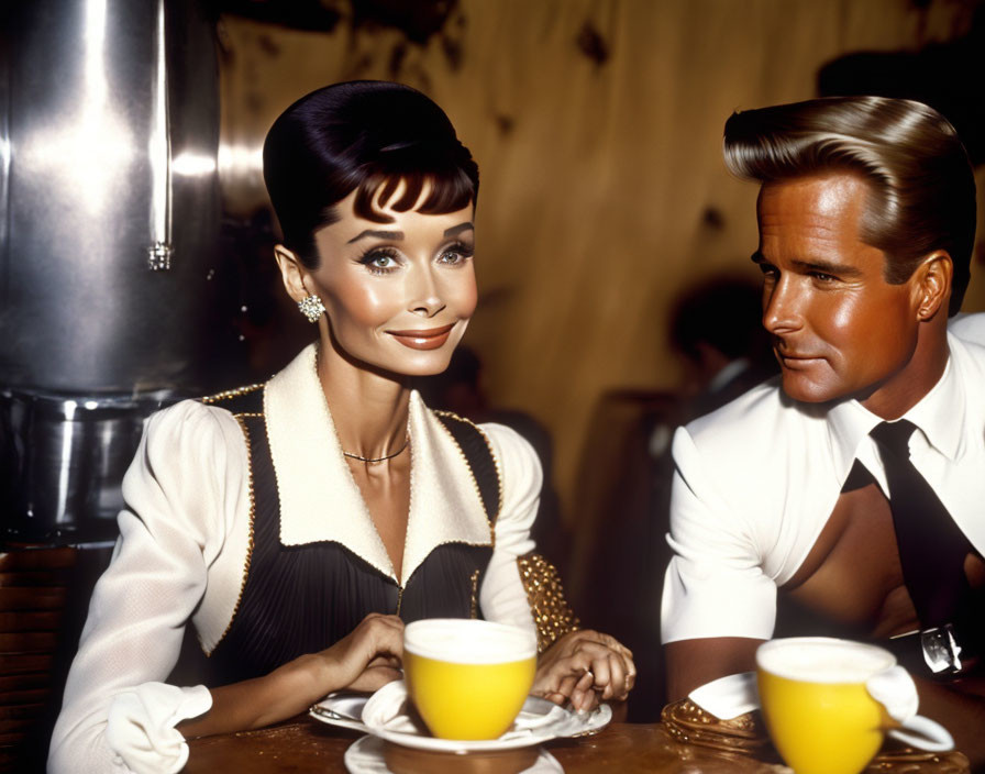 Vintage Couple with Coffee at Table: Updo and Slicked-Back Hair