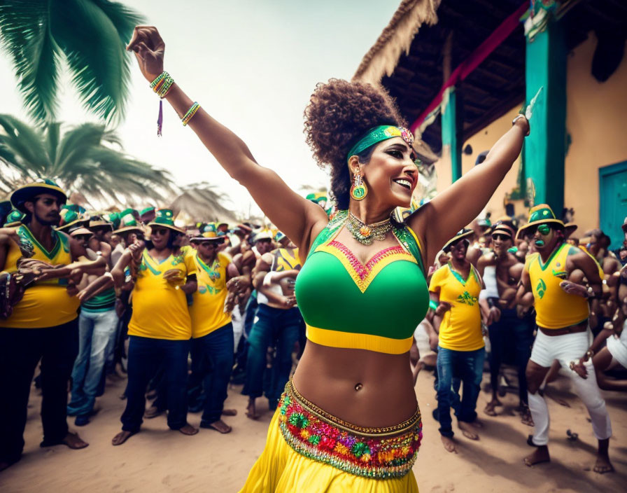 Colorful Brazilian carnival dance amidst festive crowd and vibrant buildings