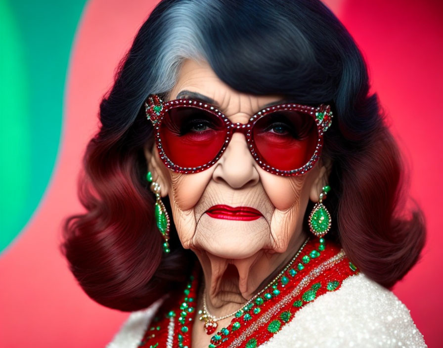 Stylish elderly woman with bold makeup and jeweled sunglasses on red and green backdrop