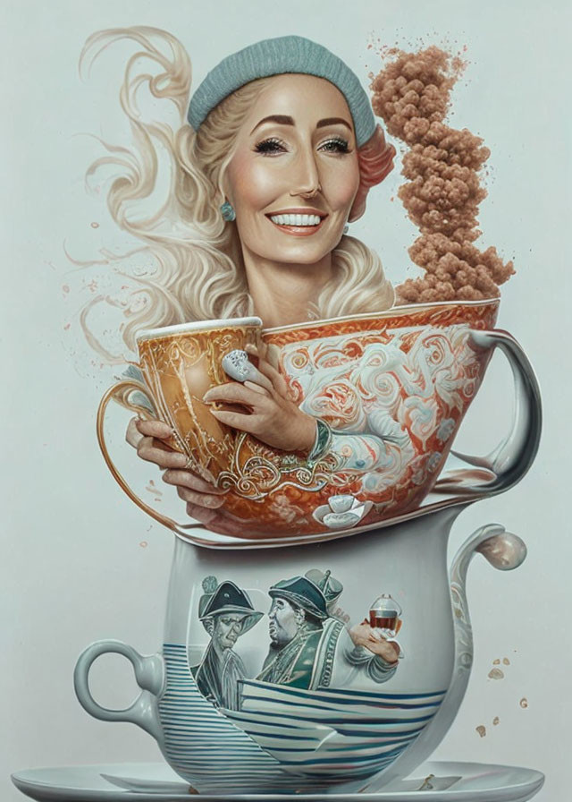 Whimsical portrait of smiling woman with teacup and tiny sailors navigating tea