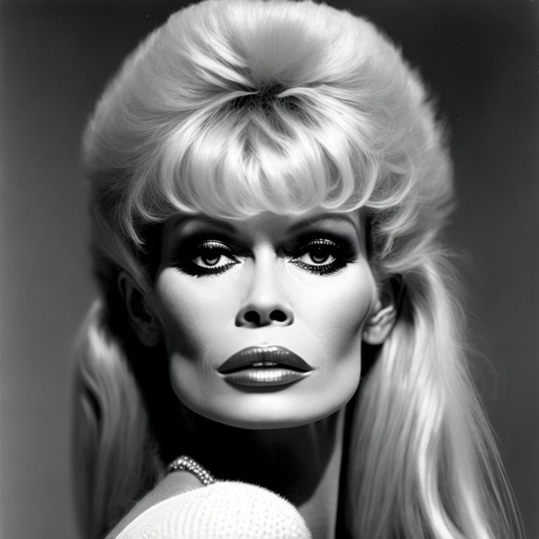 Monochrome portrait of woman with voluminous hair and dramatic makeup