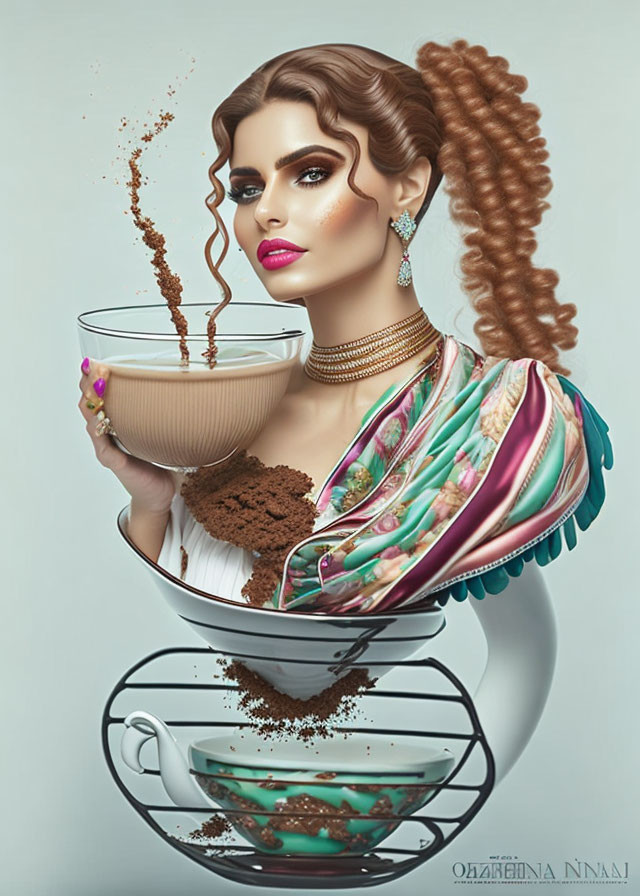 Illustrated woman with elaborate hair and makeup holding a cup pouring coffee dress on light background