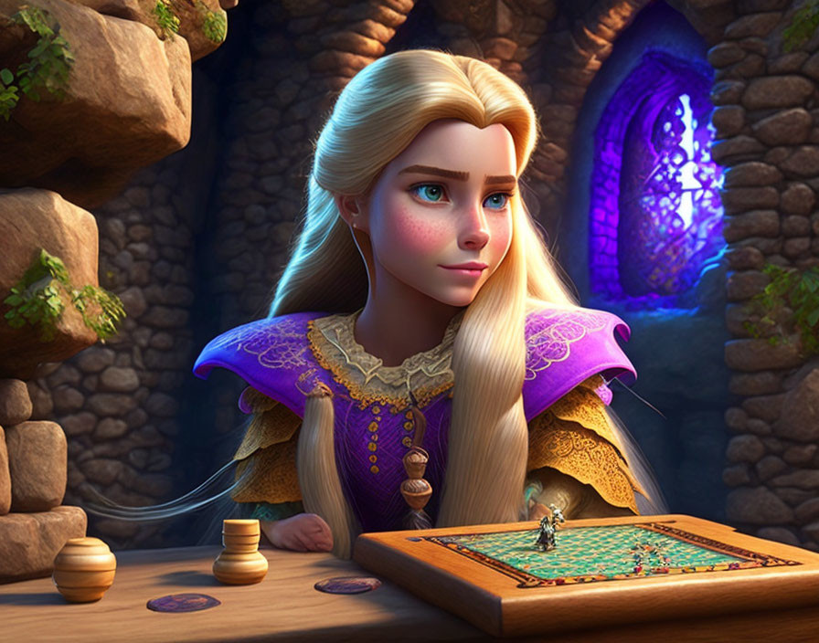 Blonde princess in purple gown playing board game in medieval stone room