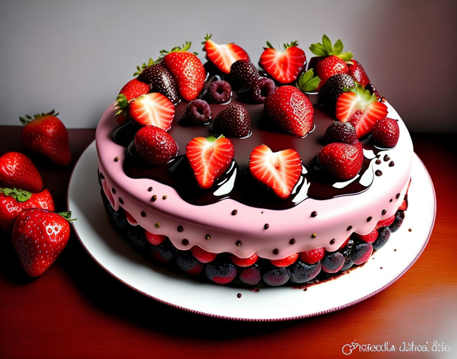 Decadent cake with strawberries, blackberries, and chocolate glaze on white plate