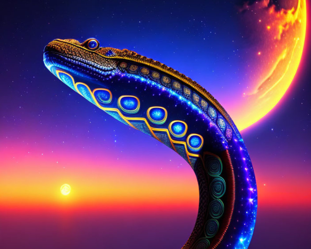 Colorful Snake Artwork with Cosmic Sunset Horizon