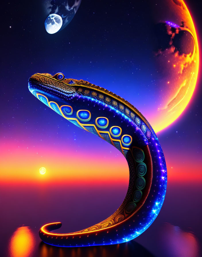 Colorful Snake Artwork with Cosmic Sunset Horizon