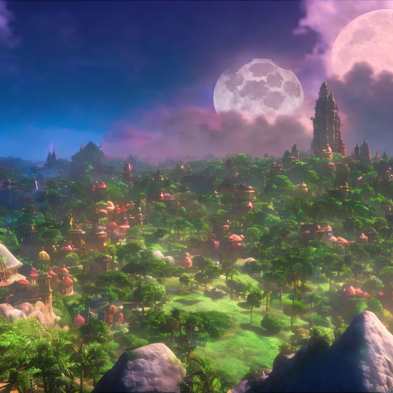 Fantasy landscape with lush greenery, exotic buildings, and twin moons.