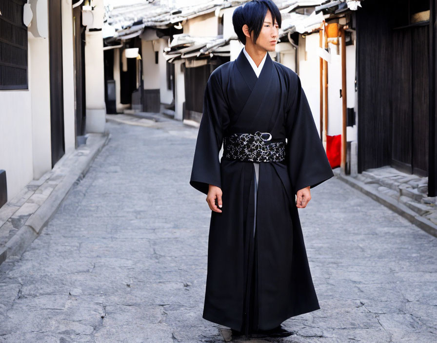 Traditional Japanese clothing on historic street with old wooden buildings