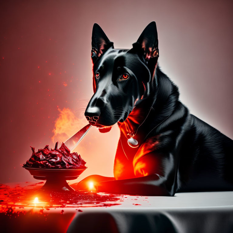 Black Dog with Piercing Eyes Beside Smoking Bowl on Dramatic Red and Black Background