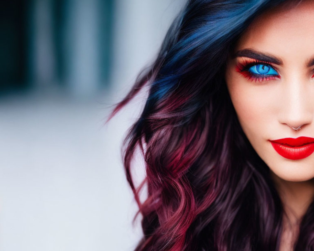 Portrait of woman with blue eyes, dyed hair, and red lipstick