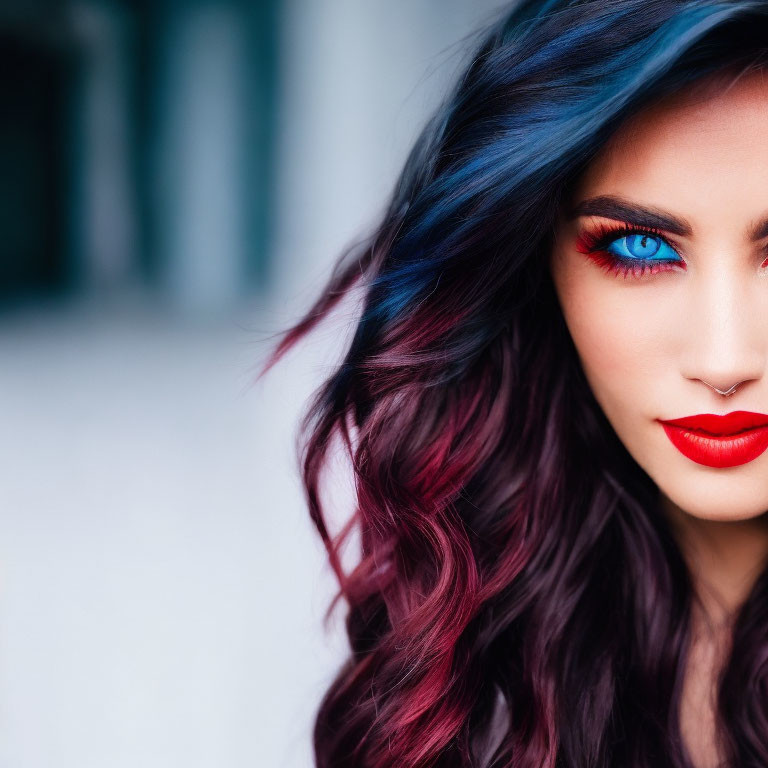 Portrait of woman with blue eyes, dyed hair, and red lipstick