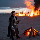 Person in Black Coat with Briefcase Facing Large Fire at Dusk