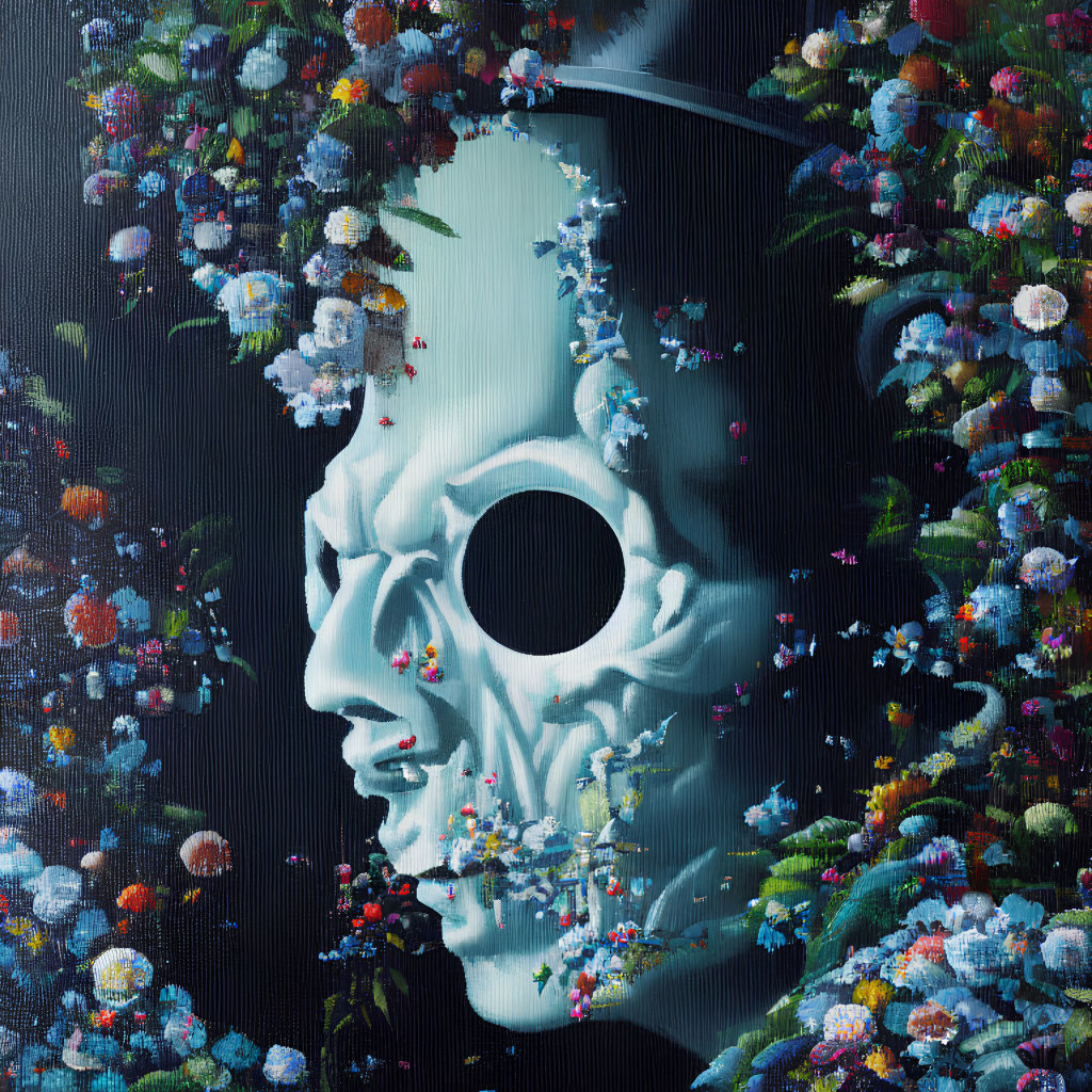 Surreal painting: featureless face, vibrant flowers, cosmic backdrop