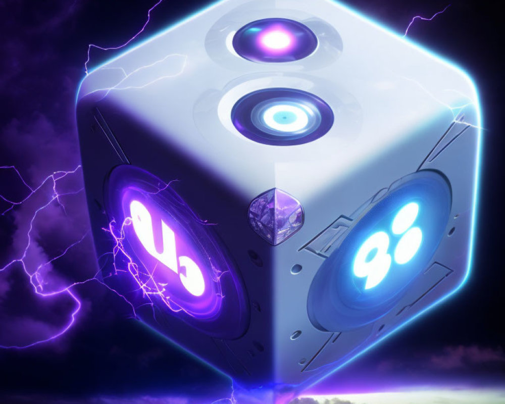 Illuminated dice object floating in stormy purple lightning