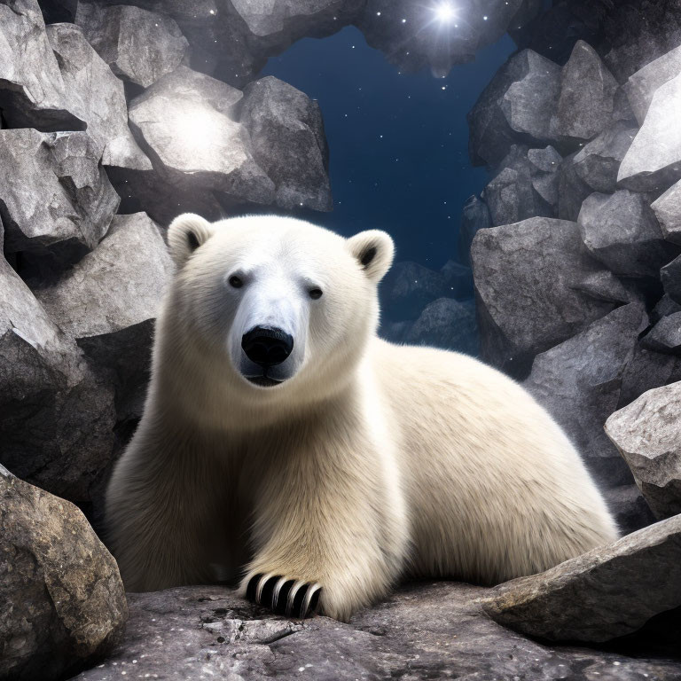 Polar bear looking through rocky opening under starry sky