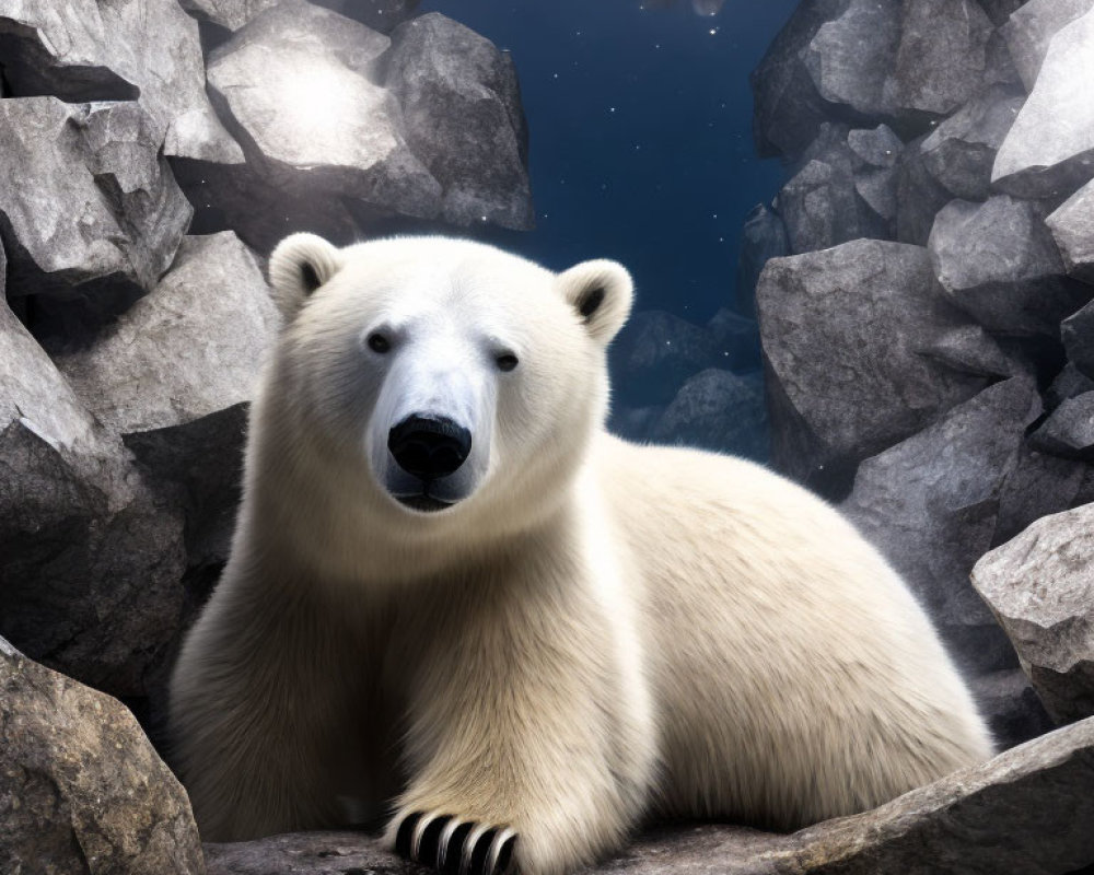 Polar bear looking through rocky opening under starry sky