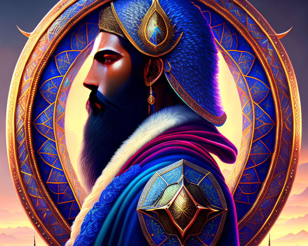 Bearded man in blue turban and armor with intricate patterns in vivid sunrise landscape