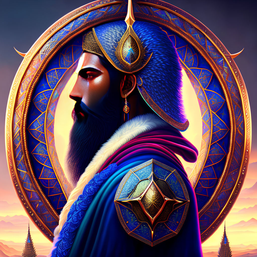 Bearded man in blue turban and armor with intricate patterns in vivid sunrise landscape