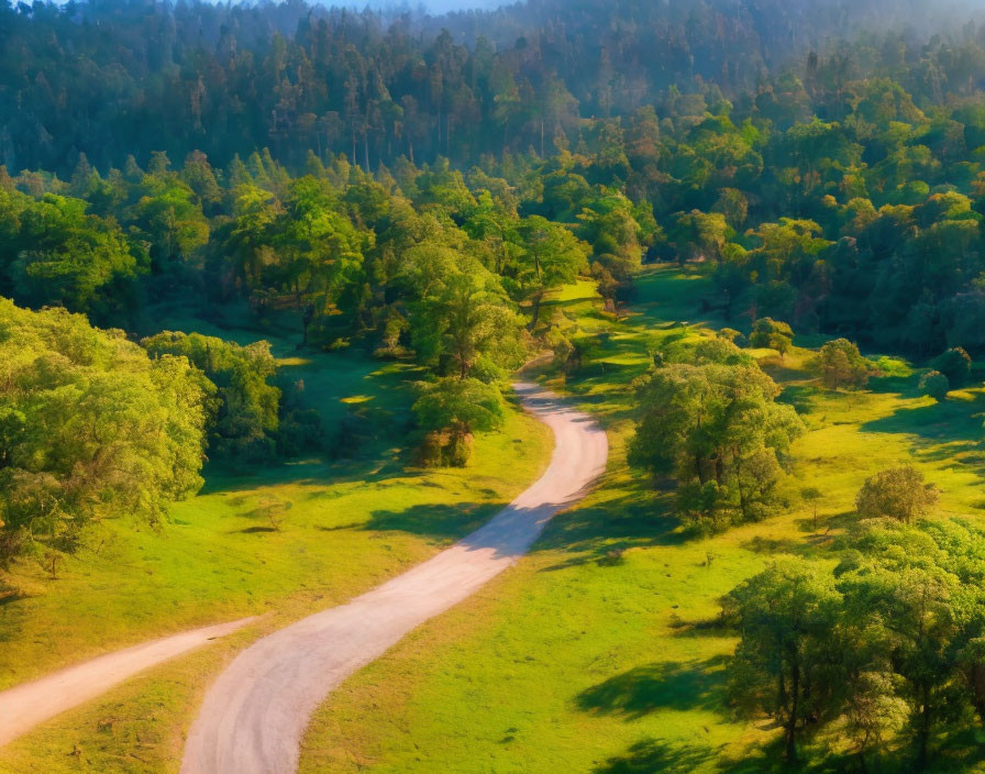 Scenic dirt road through lush meadow and forest