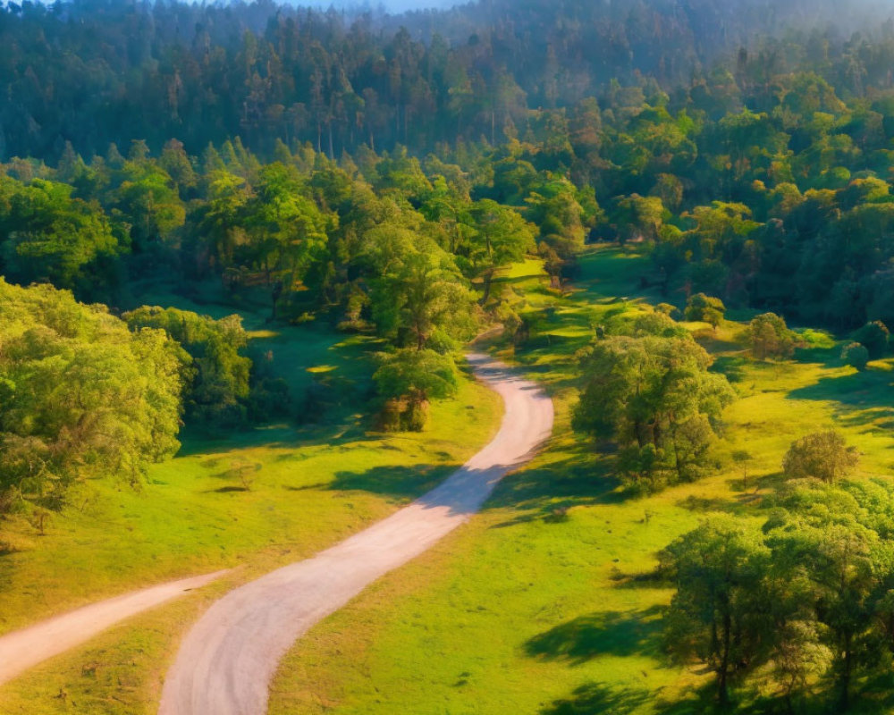 Scenic dirt road through lush meadow and forest