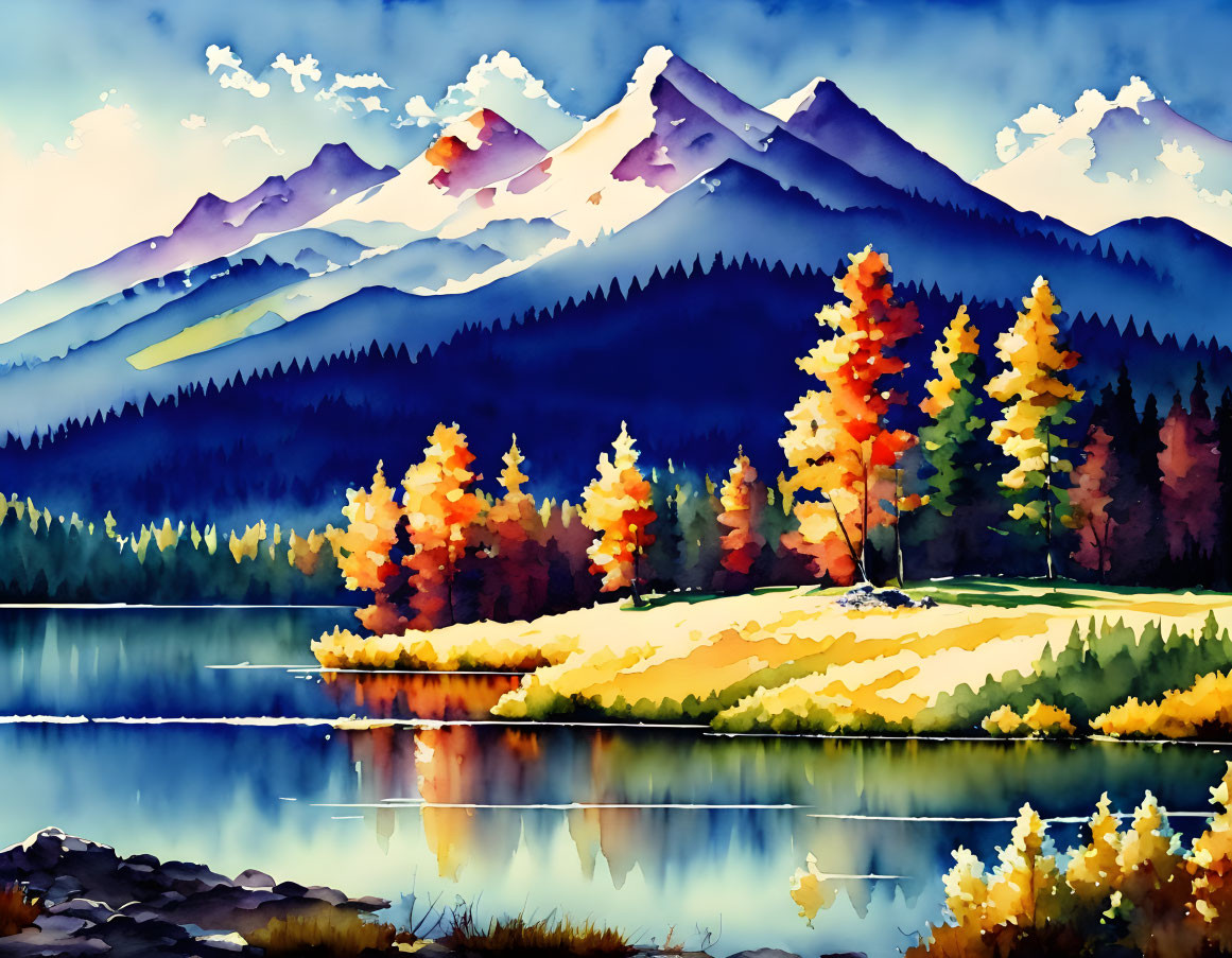 Colorful Watercolor Landscape: Lake, Autumn Trees, Snow-Capped Mountains