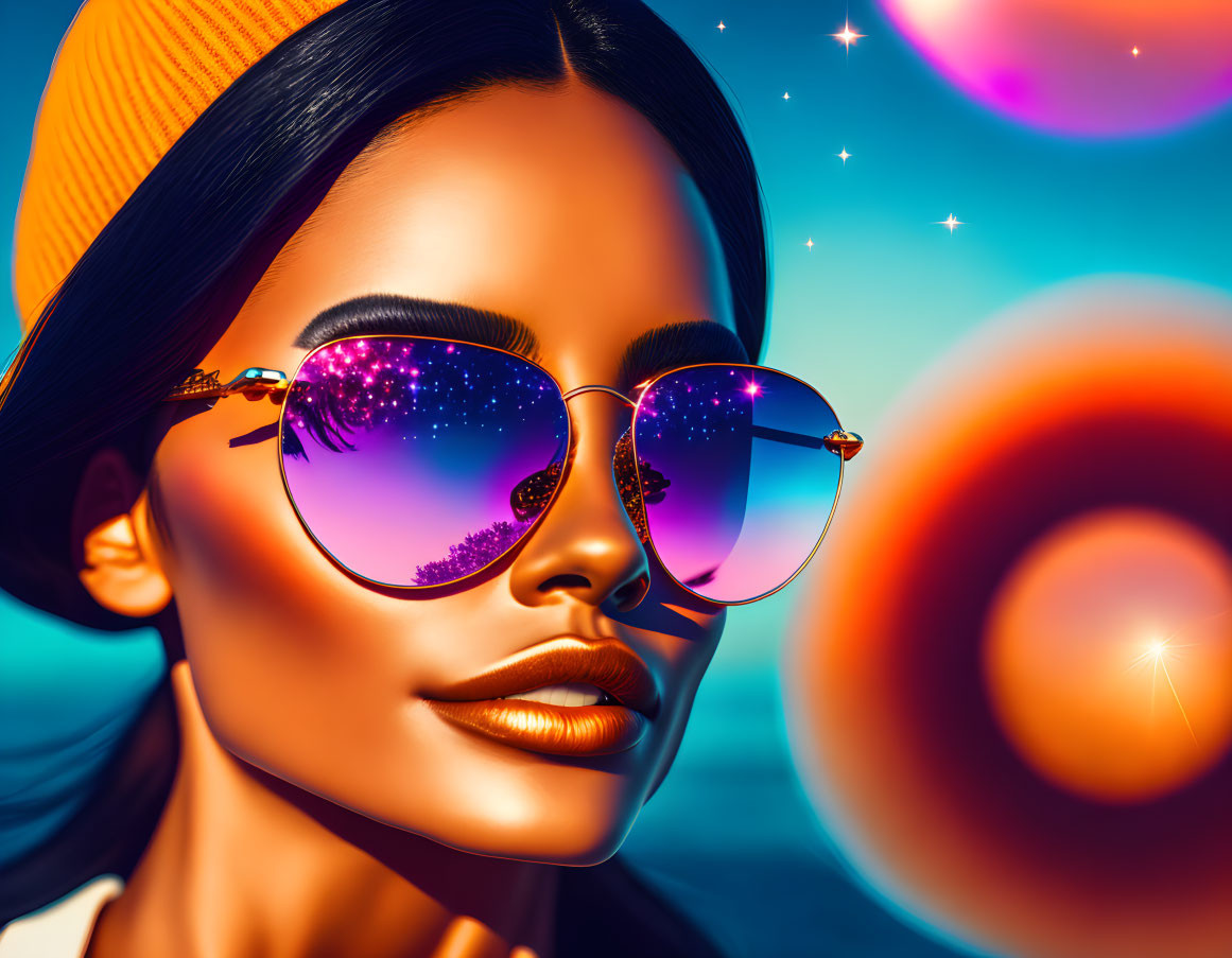 Digital Stylized Image: Woman in Reflective Sunglasses with Colorful Suns and Stars